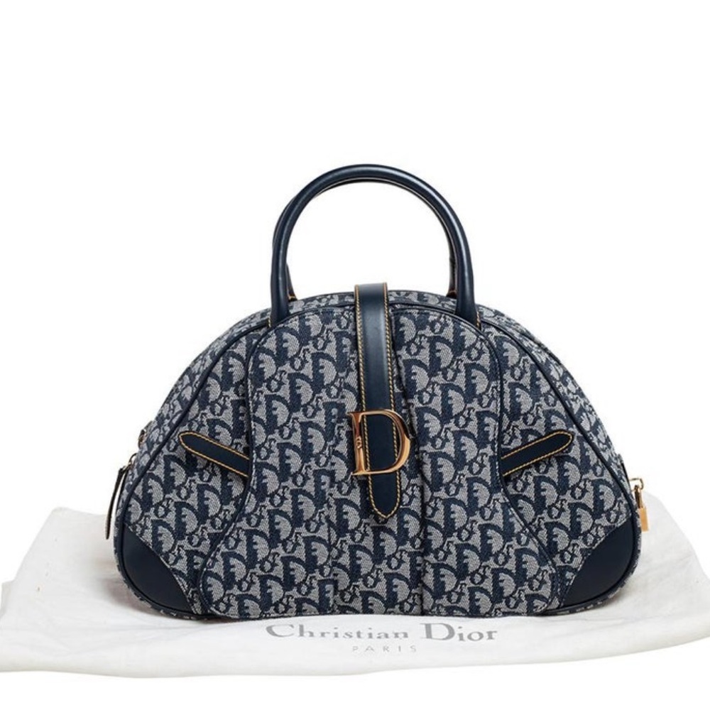 Authentic Dior Diorissimo Canvas and Leather Double Saddle Bowler bag